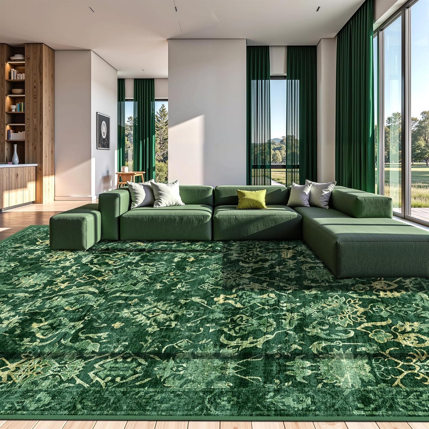 Dark Green Extra Large Area Rug 10x14 for Living Room, Distressed Washable Rug for Dining Room Bedroom, Anti-Slip Low-Pile and Soft Accent Rug Farmhouse Office Home Decor Light Green