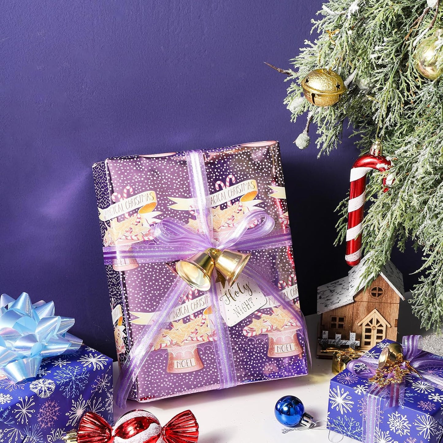 LeZakaa Christmas Purple Wrapping Paper Mini Roll, Have a Magical Christmas Cake Stand, Snowflake in Purple, Metallic Foil, Reversible Design for Winter Holiday Family Gathering, 17 inches x 32.8 Feet