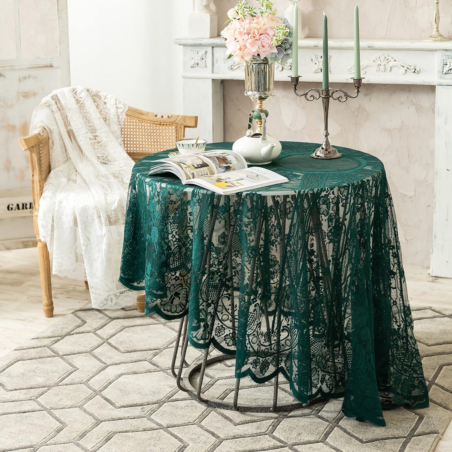 Gorgeous Round Lace Tablecloth,Vintage Floral Embroidered Table Cloths, Chic Round Table Cover for Wedding Banquet HolidayDinner Tables 60INCH (Vintage Green)