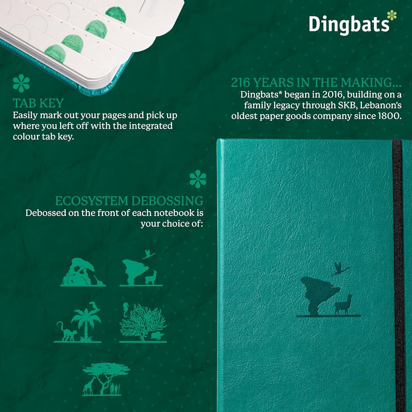 Dingbats* Earth Dotted Writing Journal Notebook A5 - Vegan Leather Hardcover - Ideal for Work, Travel - Pocket, Elastic Closure & Bookmark