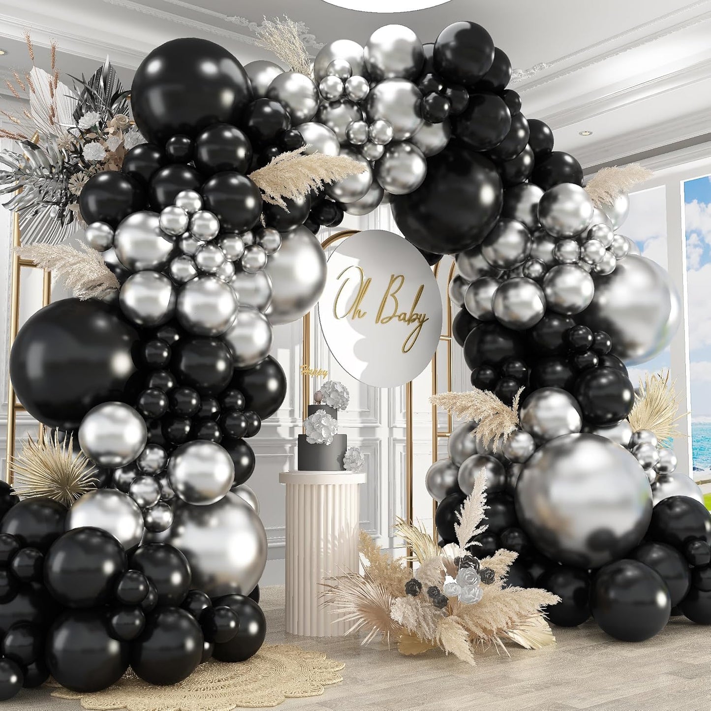 412Pcs Black and Silver Balloons Arch Kit, Latex Balloons Different Sizes 18 12 10 5 Inch for Birthday, Wedding, Graduation, Anniversary Decorations