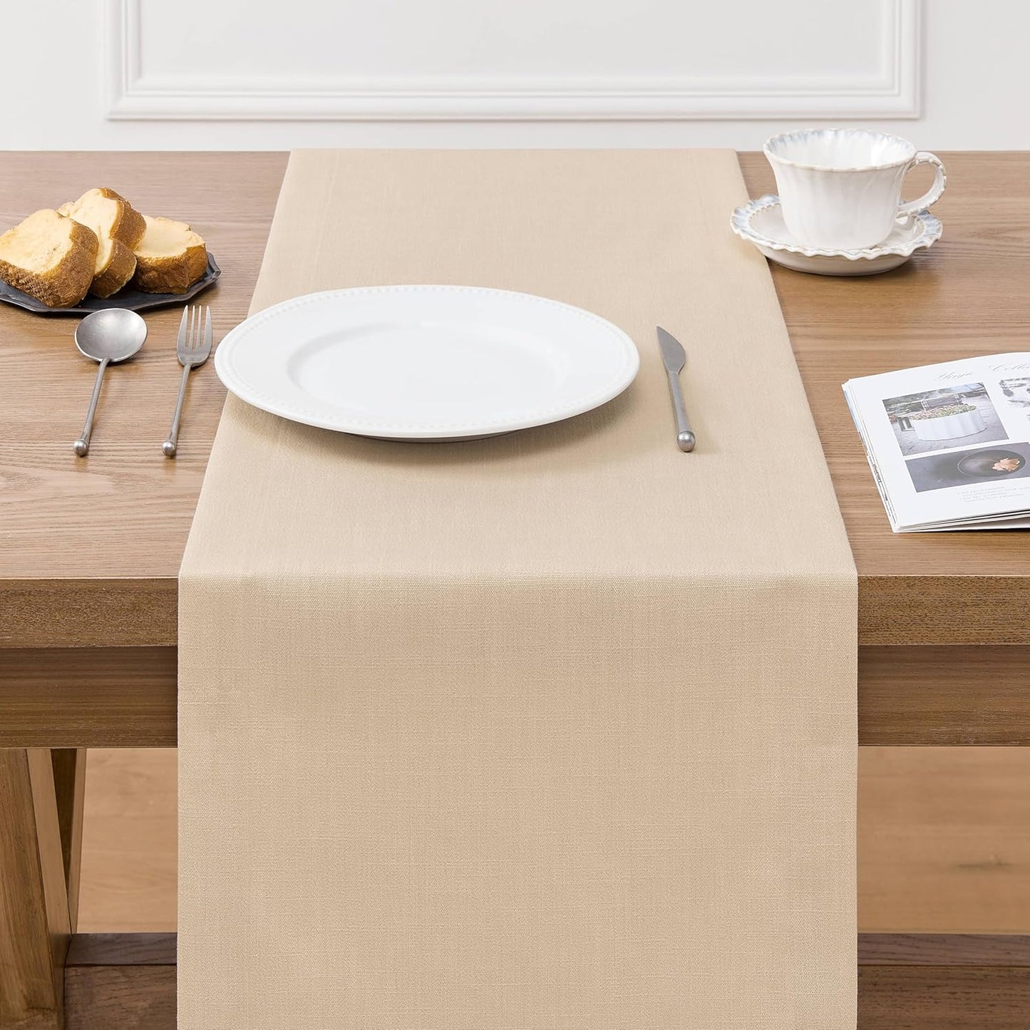 ZeeMart Linen Textured Border Table Runner, 14 x 60 Inch Oatmeal, Farmhouse Style Beige Table Runners 60 Inches Long, Easy Care Everyday Polyester Table Runner