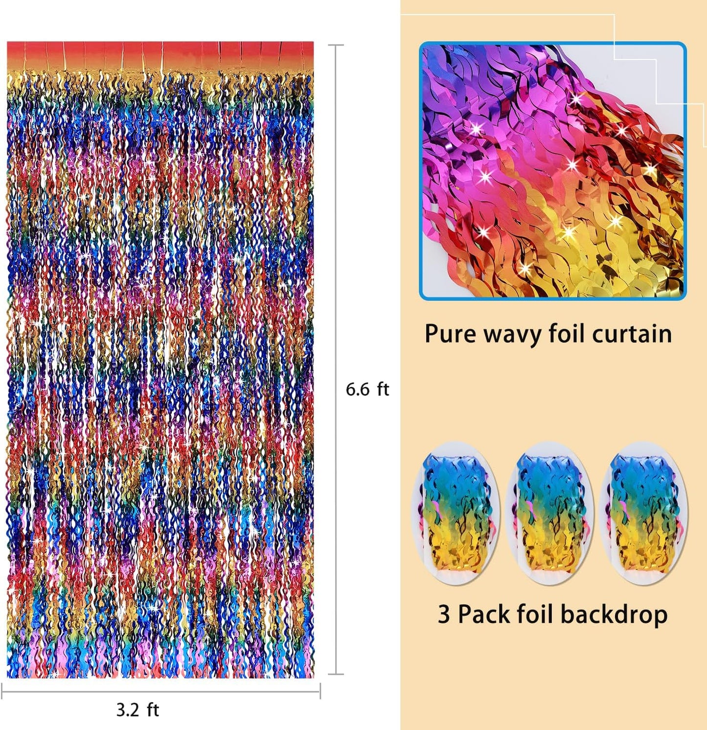 3 Pack Colorful Foil Fringe Curtain Backdrop - 6.6 x 3.3 ft Wavy Rainbow Tinsel Backdrop Curtain Metallic Streamers Iridescent Holiday Photo Booth Party Decorations