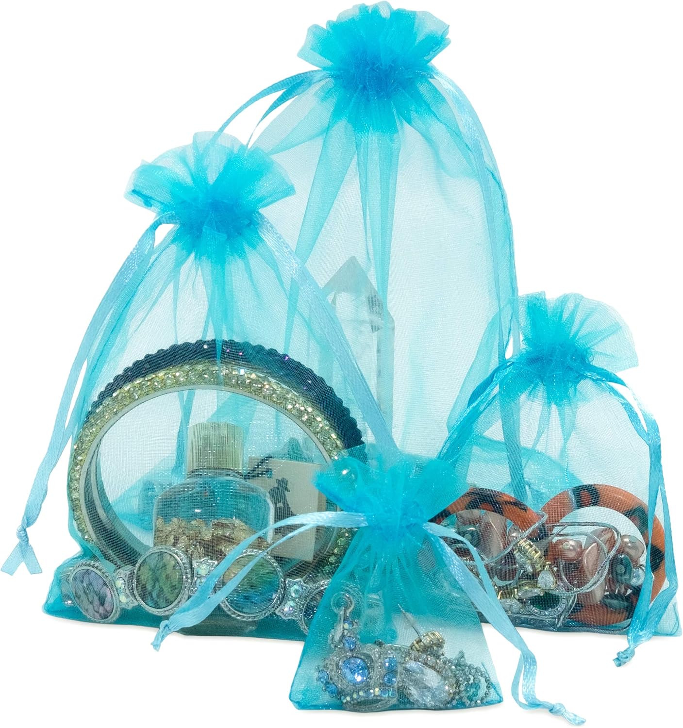TheDisplayGuys 48-Pack 6x8 Turquoise Blue Sheer Organza Gift Bags with Drawstring, Goodie Bags for Jewelry, Candy Bags, Treat Bags, Wedding Favors Small Mesh Bags