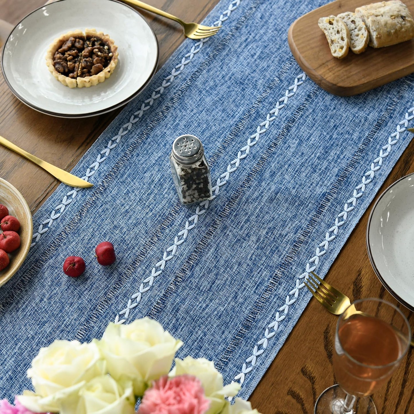 Artoid Mode Blue Rustic Cotton Linen Table Runner, Seasonal Embroidered Hollow Kitchen Dining Table Decoration for Home Party Decor 13x108 Inch