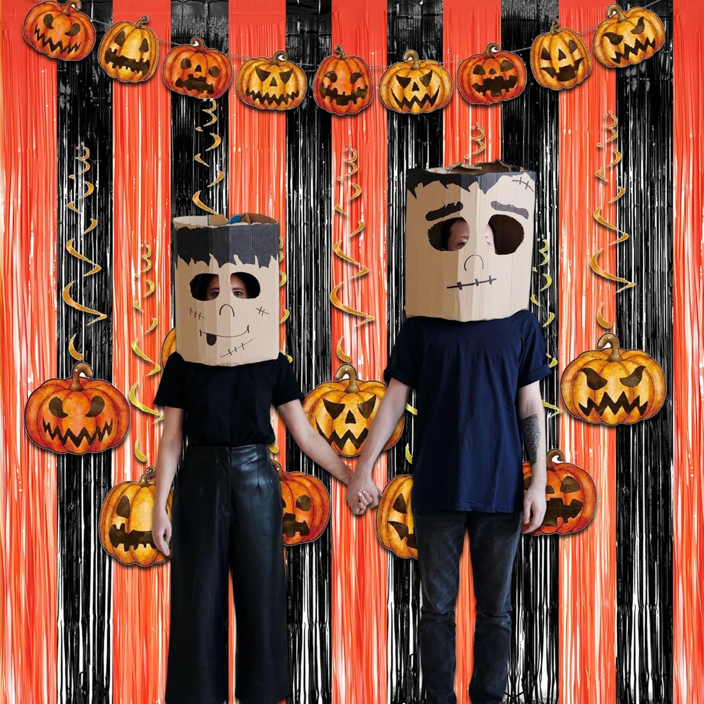 Black Orange Streamers Party Backdrop - GREATRIL Tinsel Fringe Curtain for Halloween Decorations/Pumpkin/Birthdays Party Decoration - 3.2ft X 8.2ft - 2 Packs