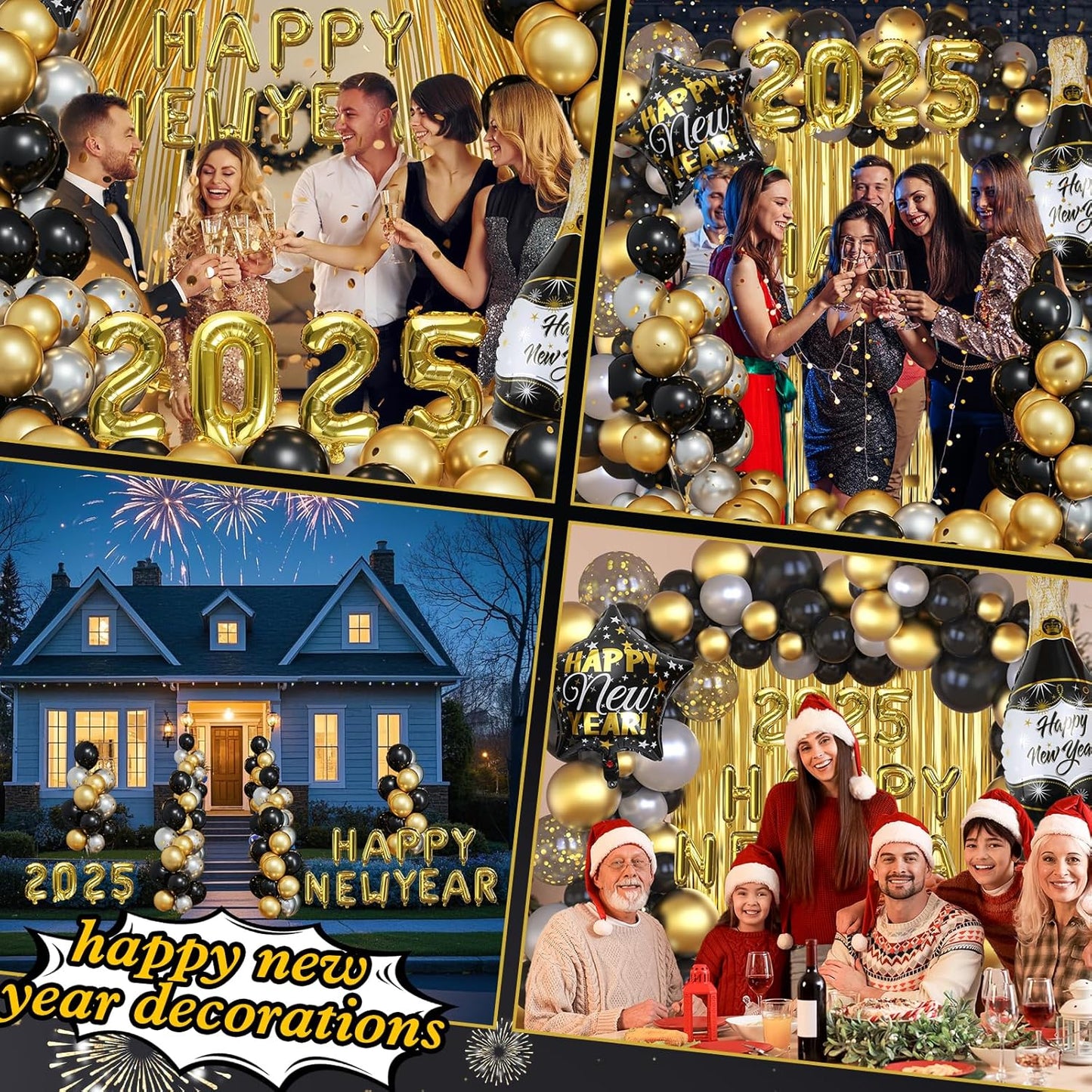 Nye Decorations 2025, Black and Gold Balloons 2025 Number Balloons Champagne Balloons New Year Banner Fringe Backdrop for New Years Eve Party Supplies 2025