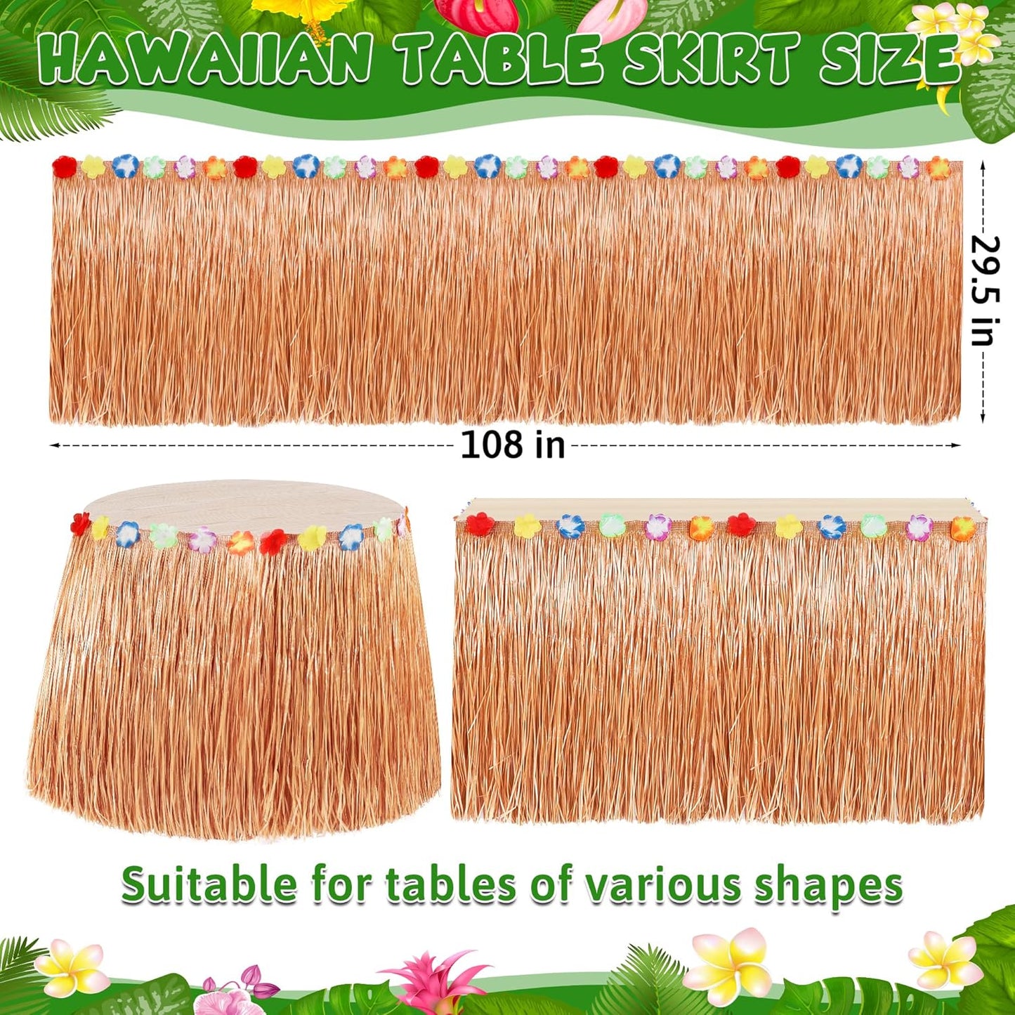 4PCS Hawaiian Table Skirt Decor, Luau Themed Grass Table Skirt Party Decorations, 108 X 29.5" Flower Tropical Hula Dance Parties Supplies, Table Skirt Bulk for Summer Beach Themed Activities
