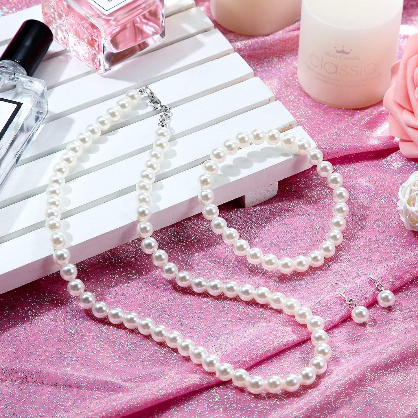 4 Pcs 1920s Faux Pearl Costume Jewelry Set for Women Halloween Simulated Necklace Bracelet Earrings for Wedding