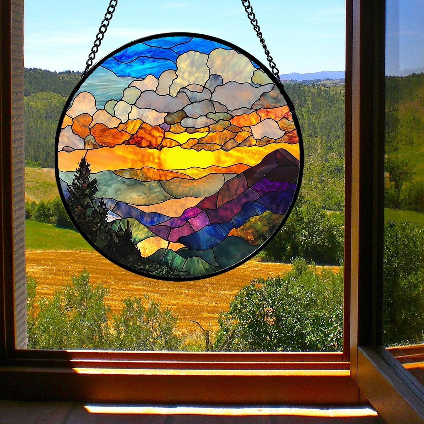 Stained Glass Window Hanging, Abstract Clouds Mountains Landscape Suncatcher for Doors Window Home Sun Catchers Decor Mother's Day Birthday Gifts for Women, Men Mom 15 in