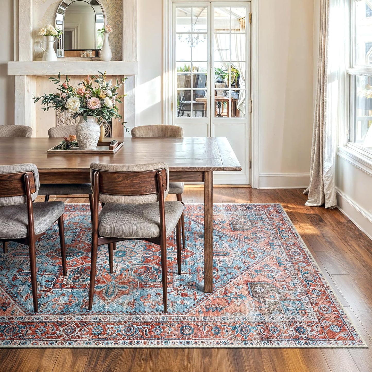 Bloom Rugs Washable Non-Slip 8' x 10' Rug - Coral/Sky Blue Traditional Medallion Area Rug for Living Room, Bedroom, Dining Room, and Kitchen - Exact Size: 8' x 10'