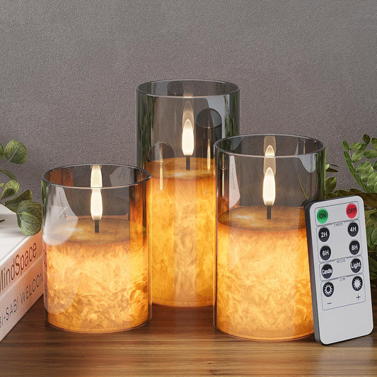 Ice Crystal Real Wax Glass Flameless Candles with Remote & Timer, Battery Operated Candles with Warm Flickering Flame, Realistic LED Candle for Wedding Home Decor [D3×H4/5"/6"] Grey, 3Pack