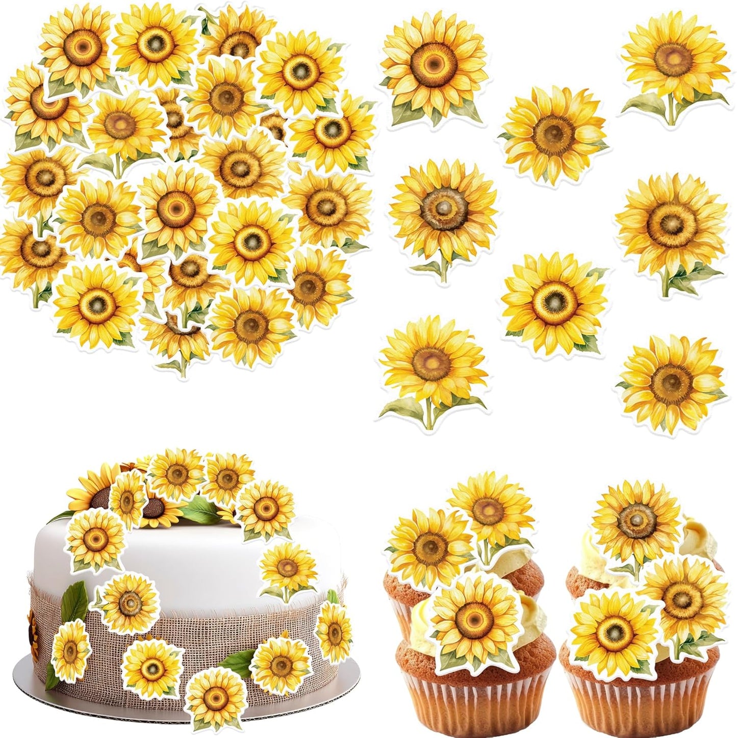48 Pack Edible Sunflowers Cupcake Toppers Wafer Paper Floiwers Cupcake Picks Edible Yellow Sun Flower Cake Decor for Sunflower Theme Party Wedding Baby Shower Birthday Supplies (Sunflowers)