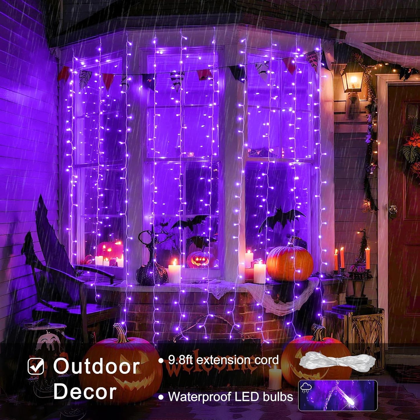 JMEXSUSS 300LED Purple Halloween Lights with Remote, Curtain Hanging Light Plug in, 8 Modes Purple String Lights for Bedroom Window Wall Party Backdrop Christmas Halloween Decorations