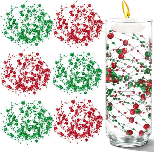 50 PCS Artificial Floating Beads for Centerpieces Vases, 8+3mm String Beads for Christmas Party Pearl String for Decoration, Red & Green String Pearls for Crafts Vase Fillers
