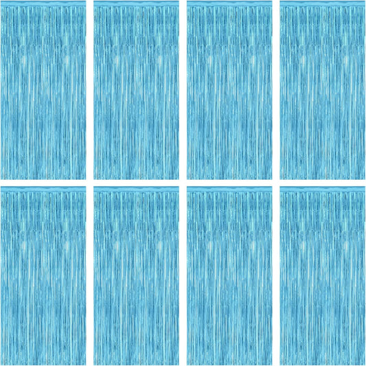 8 Pack Party Decorations, 3.28 FT x 7.05 FT Party Streamer, Metallic Sky Blue Tinsel Backdrop Fringe Curtains Party Decorations, Light Blue Birthday Backdrop Photo Booth Props