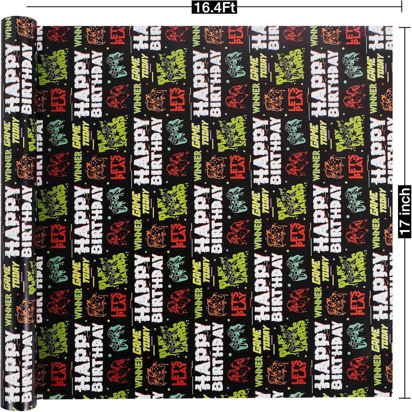 Aimyoo Gaming Birthday Wrapping Paper Roll - 17 Inch X 16.4 Feet - Black Happy Birthday Video Game Pattern Gift Wrap Paper for Boys Party, Baby Shower, Holiday