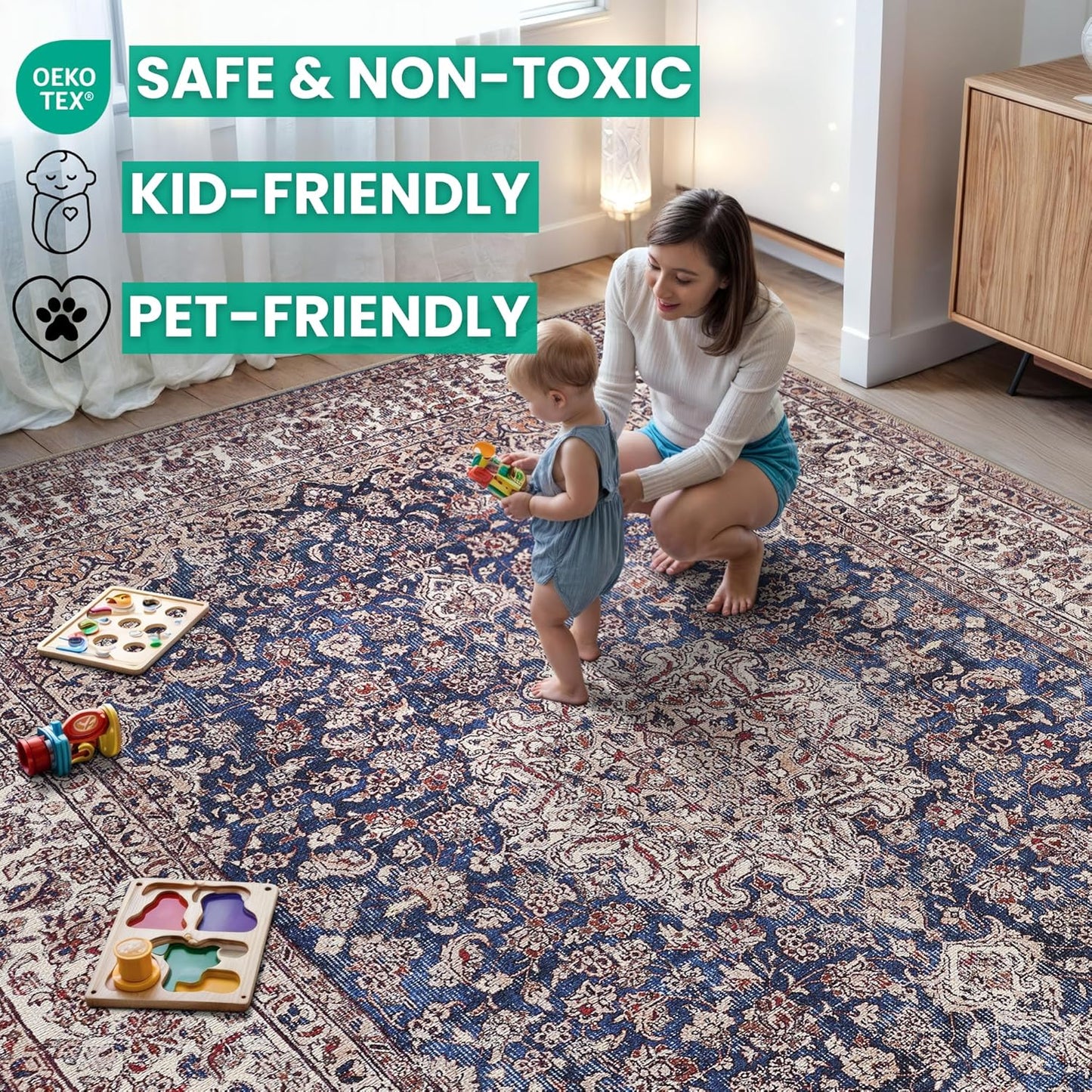 Bloom Rugs Washable Non-Slip 12 ft Runner - Dark Blue/Beige Traditional Medallion Runner for Entryway, Hallway, Bathroom, and Kitchen - Exact Size: 2.5' x 12'