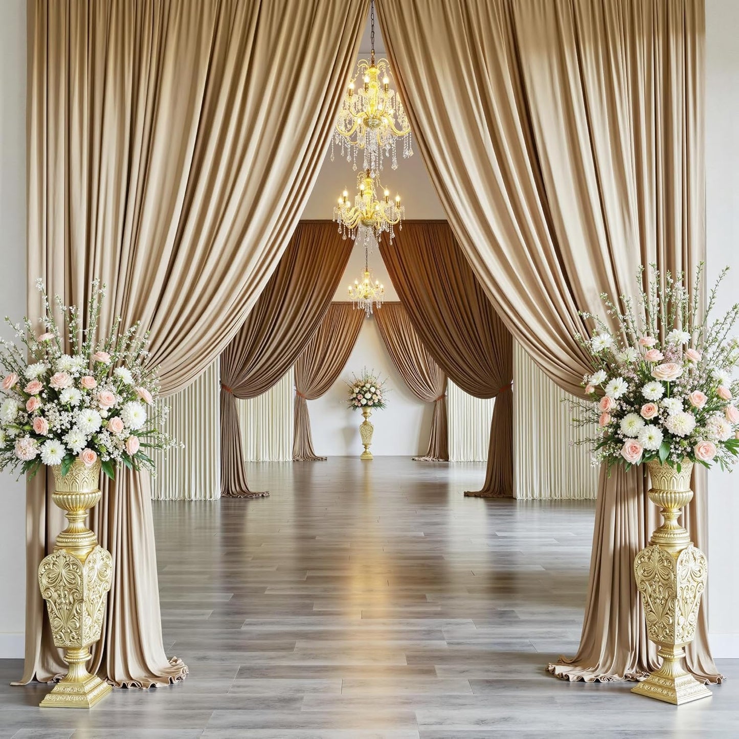 PartyVillage 50ft×15ft Beige Backdrop Curtain for Wedding Parties, 10 Panels Wrinkle Free 15 FT Long Polyester Photo Backdrop Drapes Back Drop Cloth for Birthday Photography Background