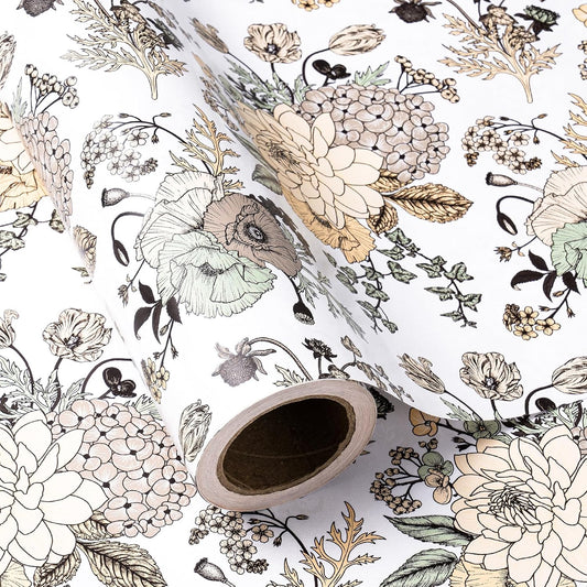 WRAPAHOLIC 30 Inch Jumbo Floral Wrapping Paper - 30 Inch X 33 Feet - Vintage Floral Printed on White Pearlized Paper Design for Wedding, Birthday, Mother's Day