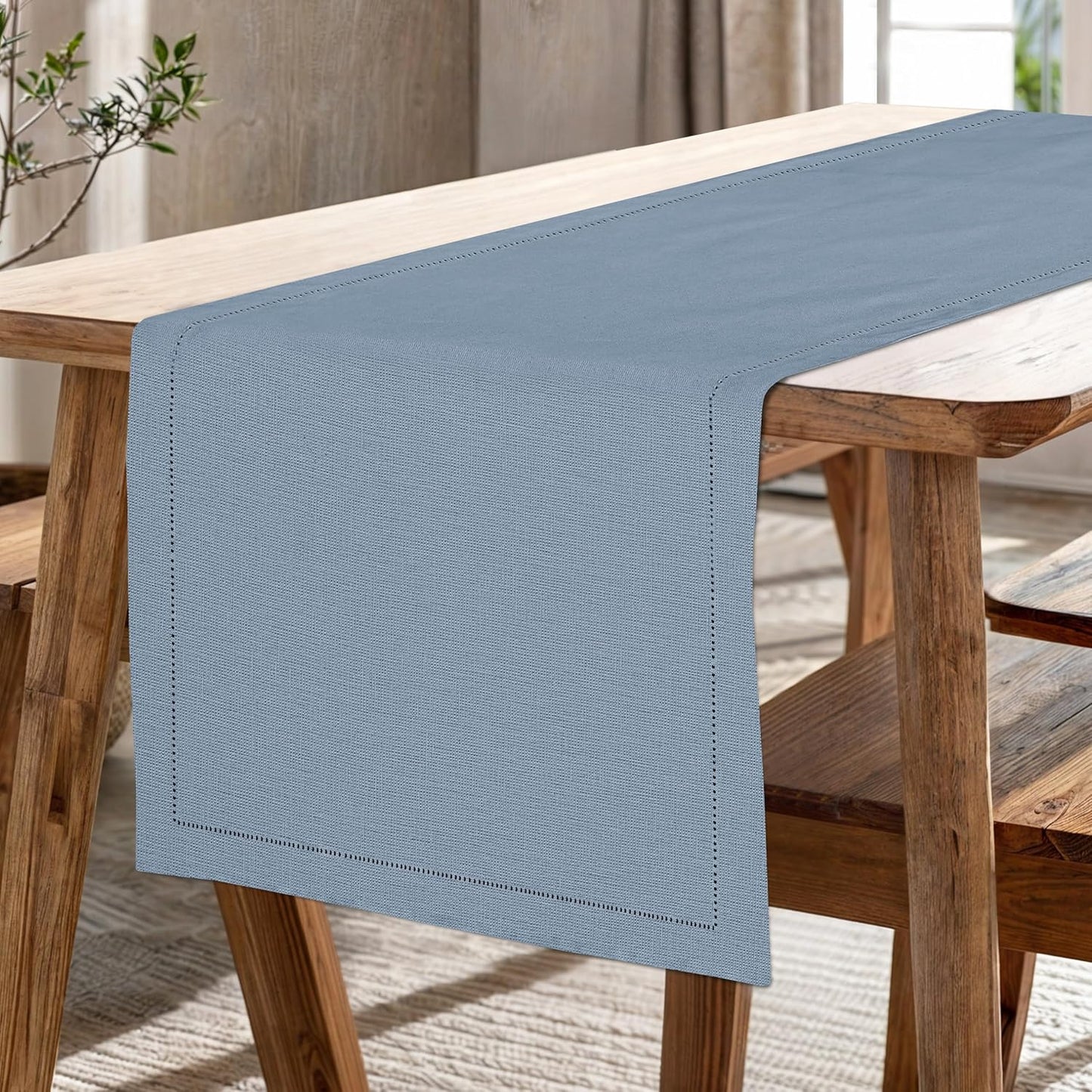 Ruvanti Linen Table Runner 72 Inches, Classic Hemstitch, Washable, Reusable, Non-Slipping, Stain Resistant- Perfect for Parties, Weddings, Dinners, Thanksgiving, Christmas, Indoor use – Grey