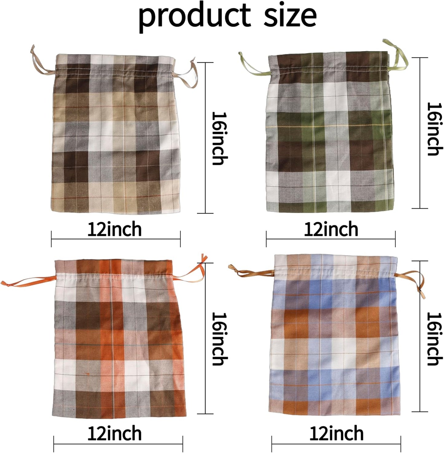 Large Fall Burlap Bags with Drawstrings - Orange Buffalo Plaid & Sage Green Gingham Sacks - Reusable Brown Pouch for Thanksgiving Party Gift Wrapping Goodies (4 Colors, 12x16 inch)