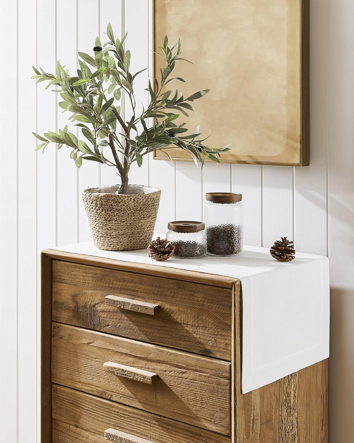 ZeeMart Linen Textured Border Table Runner, 14 x 72 Inch White, Farmhouse Style White Table Runners 72 Inches Long, Easy Care Everyday Polyester Table Runner