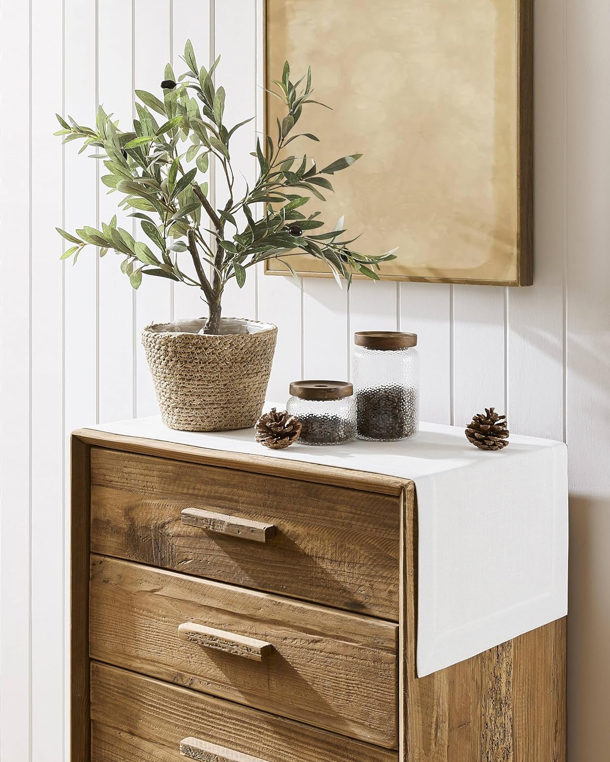 ZeeMart Linen Textured Border Table Runner, 14 x 108 Inch White, Farmhouse Style White Table Runners 108 Inches Long, Easy Care Everyday Polyester Table Runner