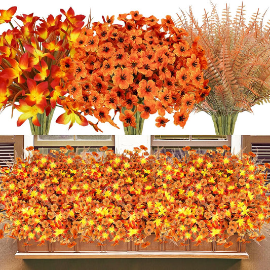 64Pcs Fall Flowers Outdoor Faux Fall Flowers Plants UV Resistant Autumn Artificial Plastic Flowers Greenery Fall Decoration for Outside Home Porch Patio Thanksgiving Decoration