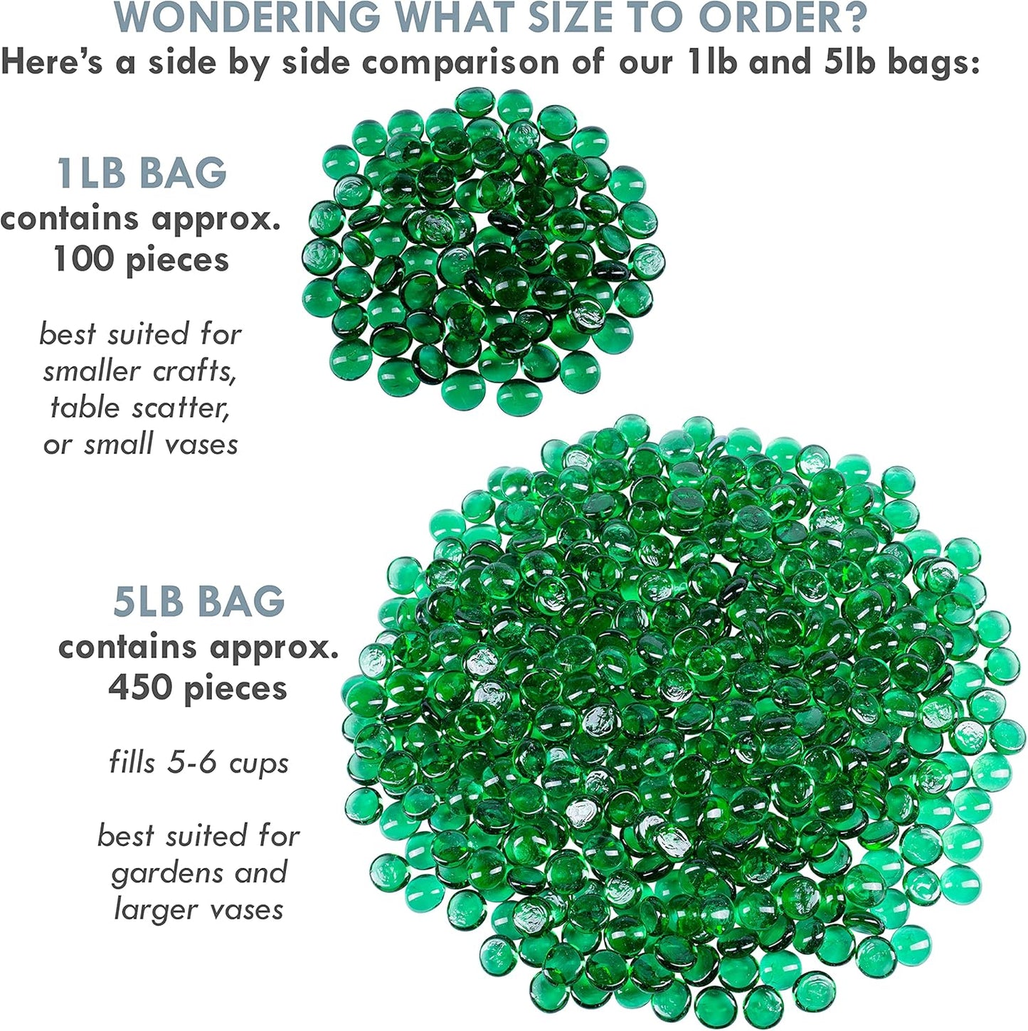 Galashield Flat Glass Marbles for Vases Green Glass Gems Beads Pebbles Vase Filler (1 LB, Approx. 105 PCS)