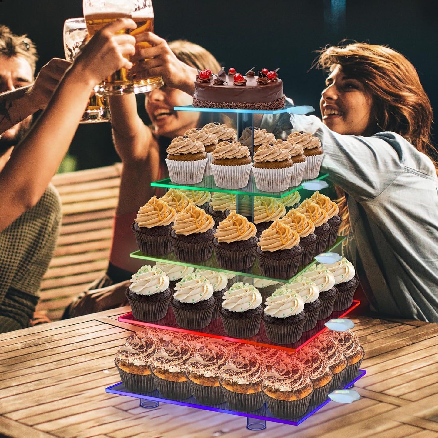 Cupcake Stand with Rechargeable Led, 5 Tier Clear Cupcake Holder, 7 Colors Light Cupcake Tower, Acrylic Dessert Table Display Set for Weddings, Christmas, Birthday, Parties, Baby Showers