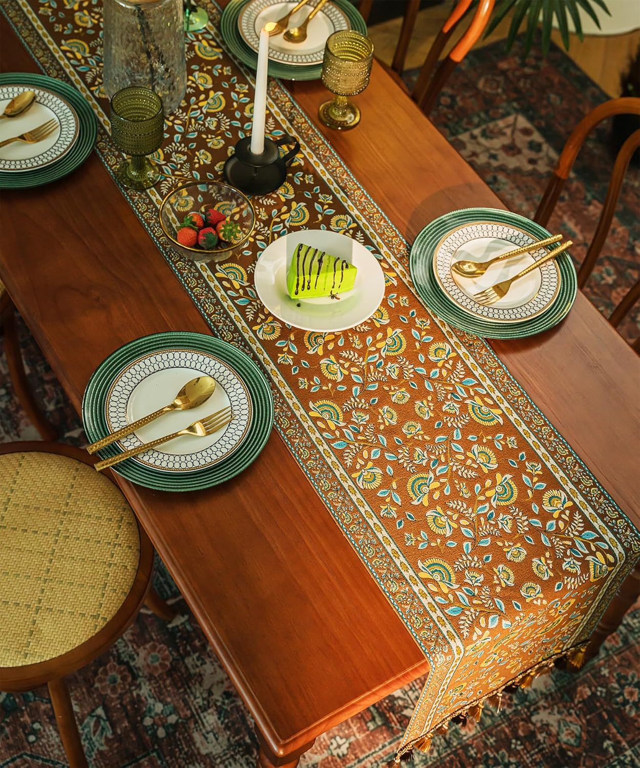 13×72 Inch Table Runner, Retro-Luxury Tassels Series for Kitchen Dining Table Holiday Decoration (Coffee Branch)