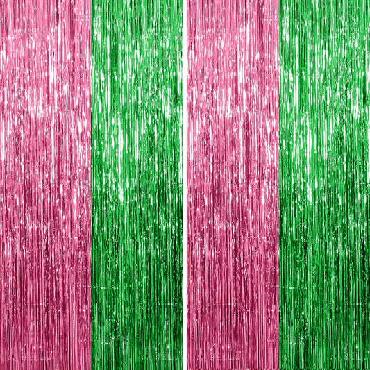 KatchOn, XtraLarge Green and Pink Fringe Backdrop, Pack of 2 - Streamer Backdrop for Flamingo, One in A Melon Party Decorations | Pink and Green Party Decorations | Princess Birthday Decorations