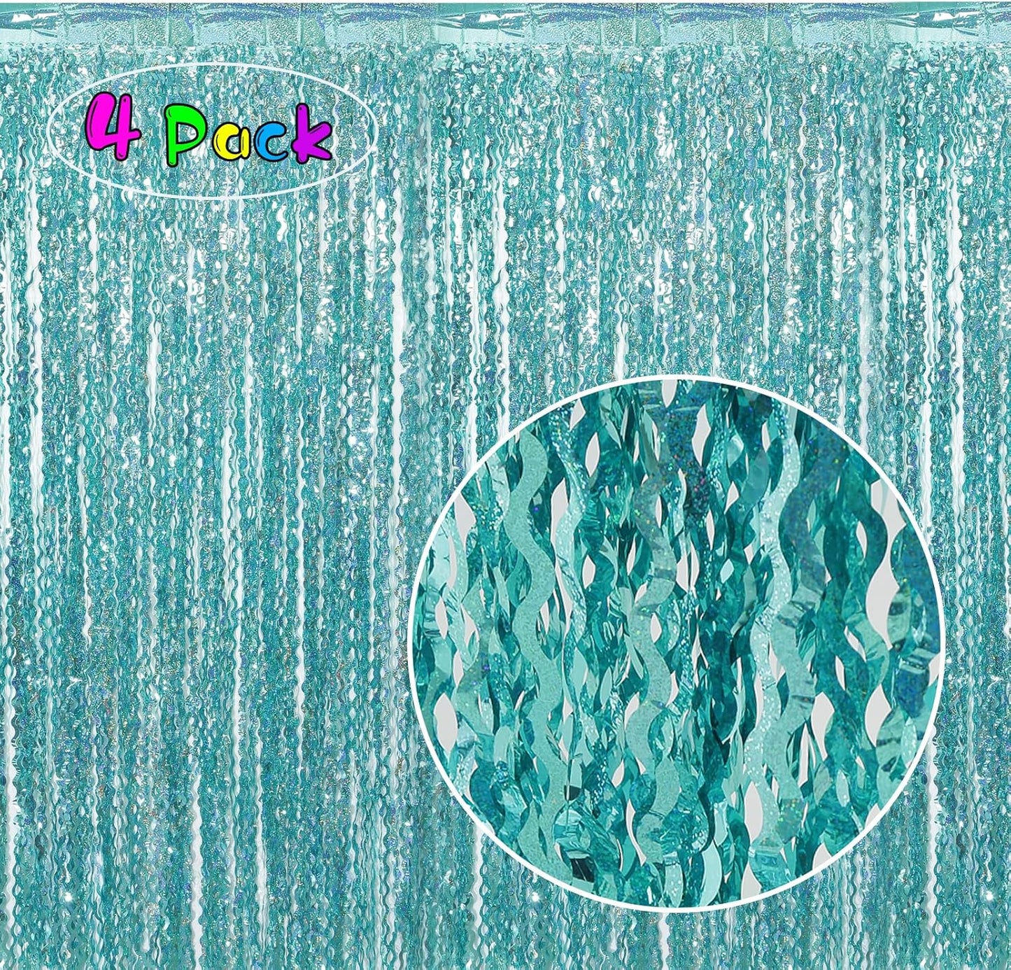 4 Pack 3.3 ft x 6.6 ft Wavy Sparkle Aqua Teal Blue Foil Curtain - Water Blue Foil Streamers for Holiday Bachelorette Ocean Themed Decor Winter Party Decorations Supplies