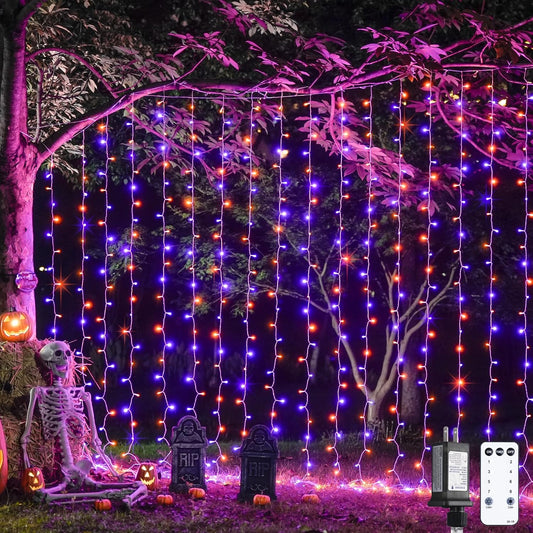 JMEXSUSS 300LED Orange and Purple Halloween Curtain Lights with Remote, 9.8x9.8ft Window Twinkle Hanging String Lights Plug in, Halloween Lights for Bedroom Wall Party Backdrop Indoor Outdoor Decor