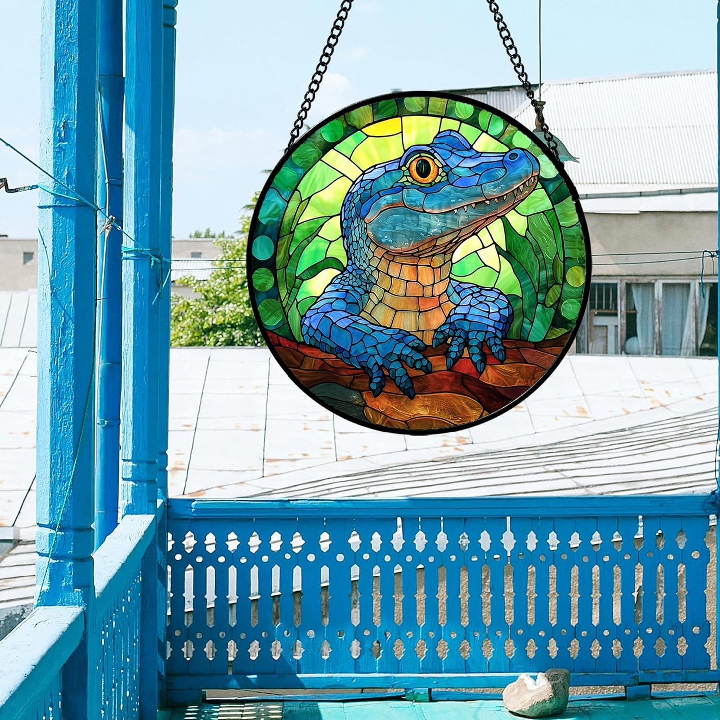 Stained Glass Window Hanging, Blue Alligator Sun Catcher for Window Door Home Decor Green Brown Suncatcher Christmas Mother's Day Birthday Gifts for Women Men Mom and Nana 15 in