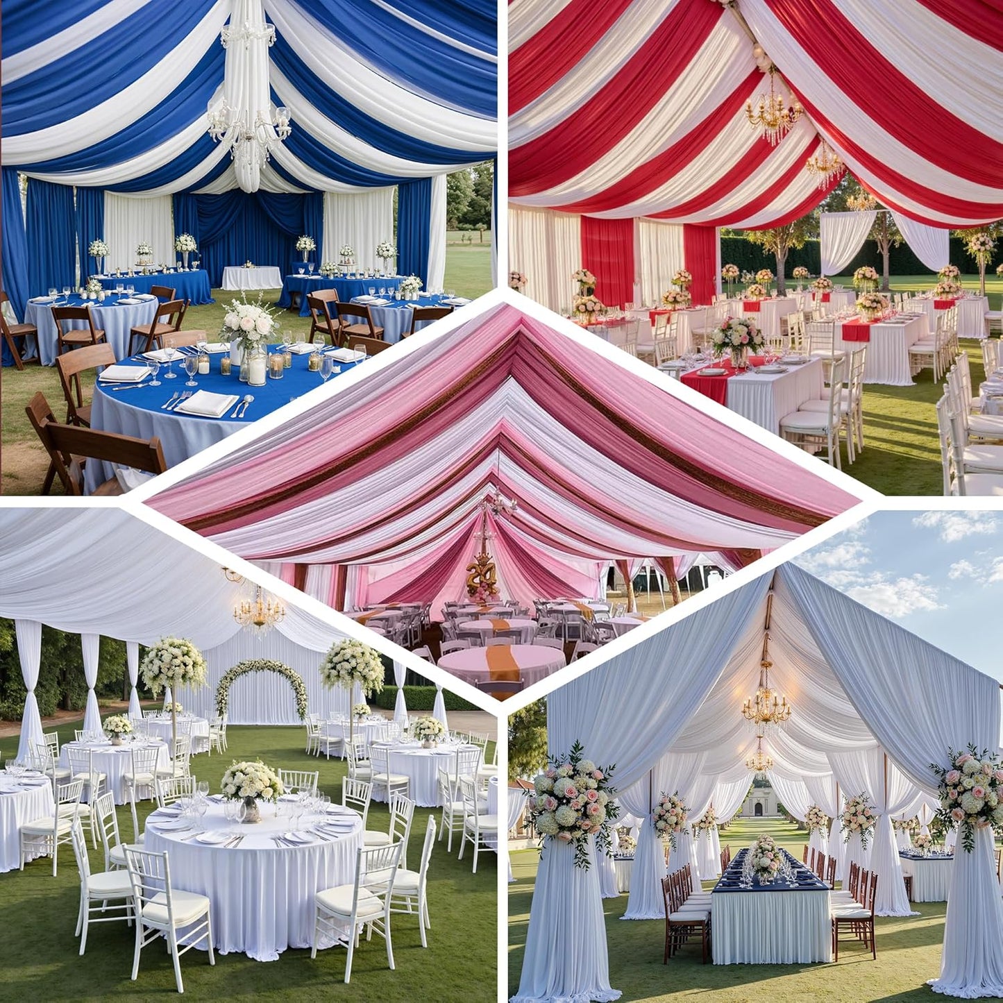 PartyVillage 50ftx40ft White Ceiling Curtain for Wedding Parties – 10 Panels Wrinkle-Free 40 FT Long Tent Draping Curtains for Wedding, Birthday & Theme Parties, 40ft Height with Rod Pocket