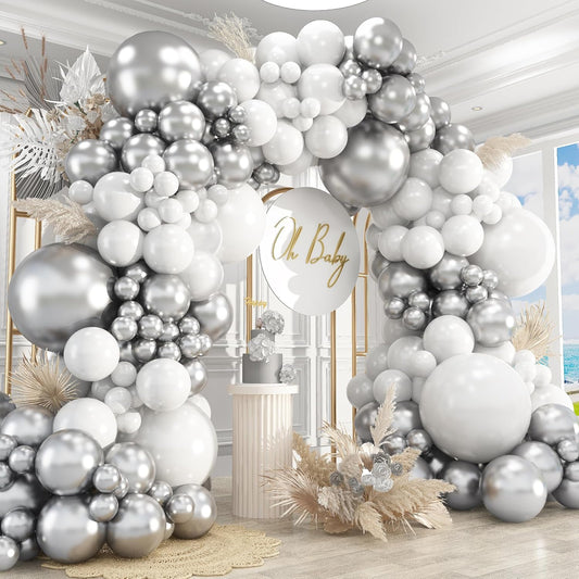 412Pcs White and Silver Balloons Arch Kit, 18 12 10 5 Inch White Metallic Silver Latex Balloon for Wedding Bridal Shower Engagement Anniversary Birthday Party Decorations