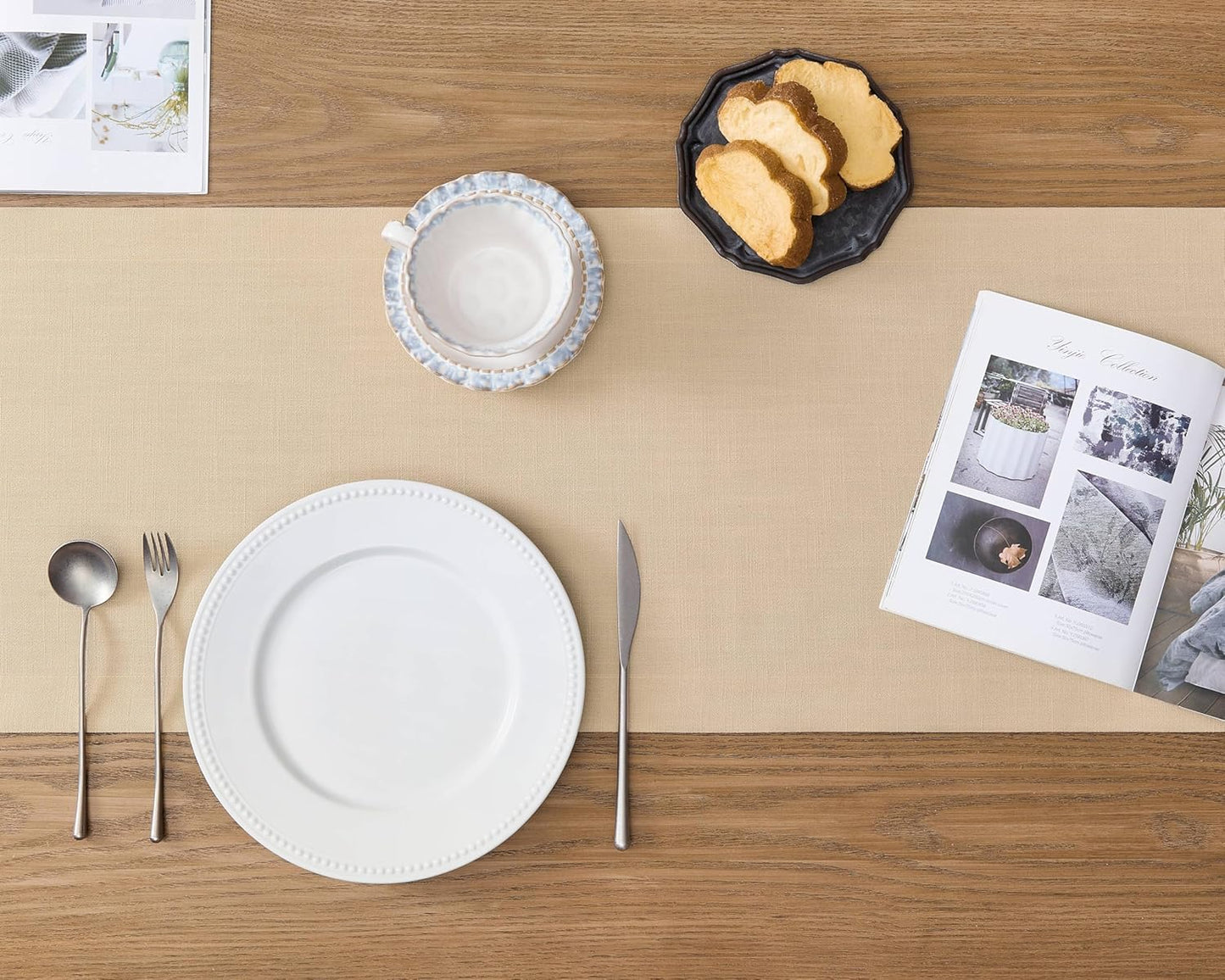 ZeeMart Linen Textured Border Table Runner, 14 x 48 Inch Oatmeal, Farmhouse Style Beige Table Runners 48 Inches Long, Easy Care Everyday Polyester Table Runner