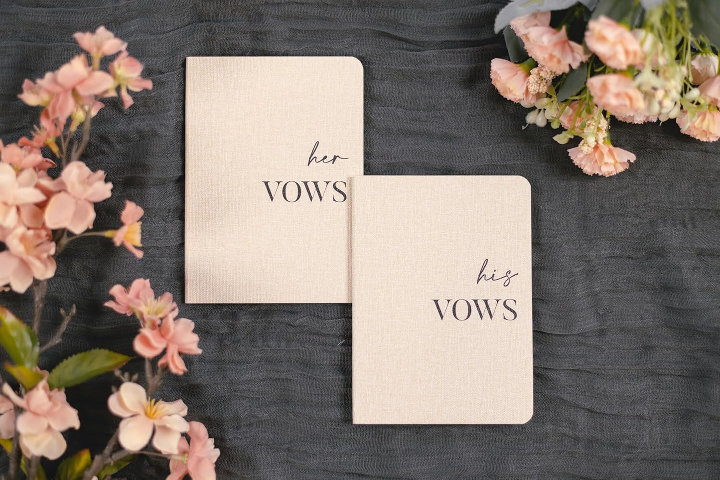 Slim Vow Books (Set of 2 - Design 1) - Soft Cream Canvas Linen Textured Cover Wedding Vow Booklets, Ceremony Speech Promise Notebook Journal, Gift for Newly Engaged Couple, 48 Lined Pages, 5.75" x 4"
