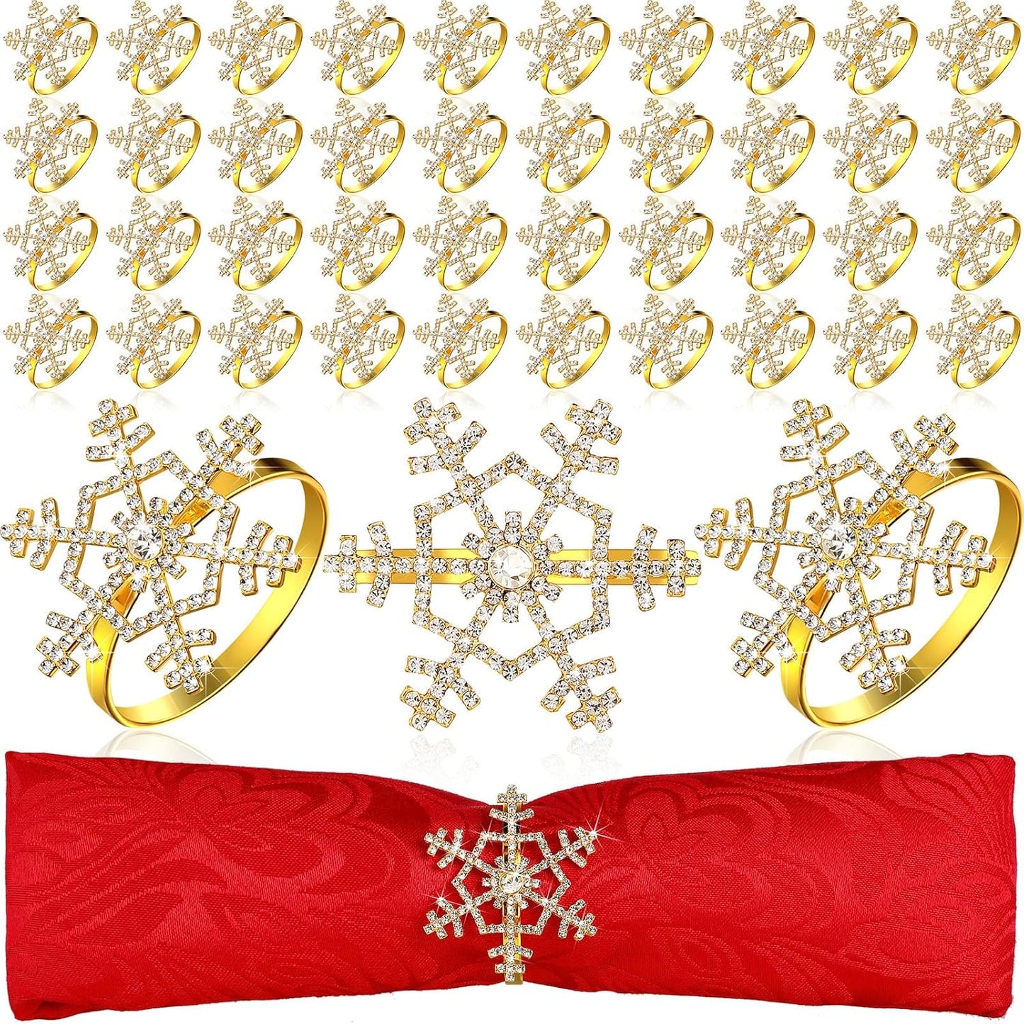 Patelai 48 Pieces Snowflake Napkin Rings Thanksgiving Christmas Napkin Holders Exquisite Household Rhinestone Napkin Rings Set for Christmas Wedding Dinner Party Table Decoration (Gold)