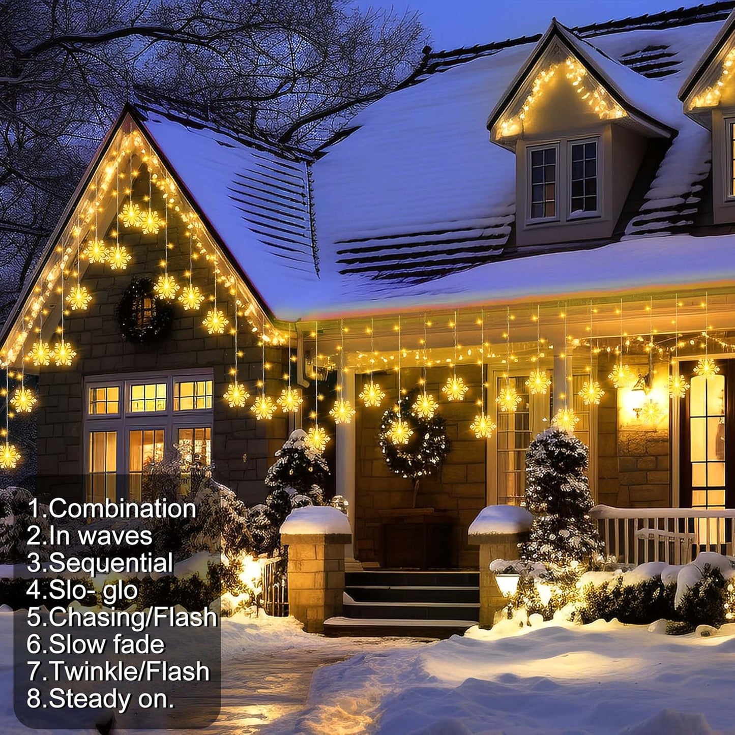 150 LED Christmas Icicle Lights with Snowflakes, Hanging Snowflake Light with 8 Modes, Connectable Warm White Icicle Lights for Outside, Roof, Window, Holiday Party Decor