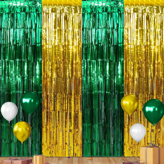 3Pack 3.3Ft x 6.6Ft Graduation Foil Fringe Curtain Backdrop Decorations, Green Gold Metallic Tinsel Foil Streamers Curtain Photo Booth Background for Graduation Prom Wedding Birthday Party Decoration
