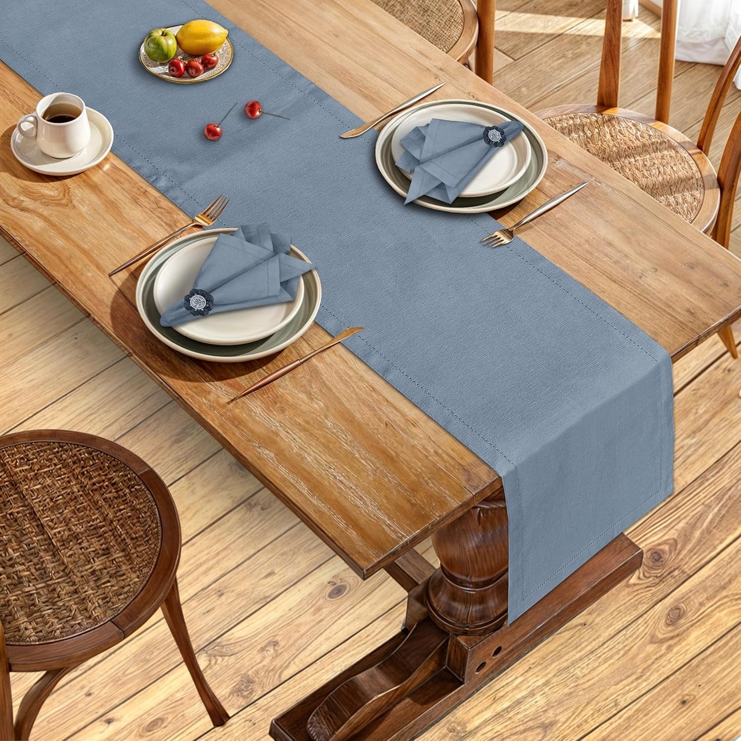 Ruvanti Linen Table Runner 108 Inches, Classic Hemstitch, Washable, Reusable, Non-Slipping, Stain Resistant- Perfect for Parties, Weddings, Dinners, Thanksgiving, Christmas, Indoor use – Grey