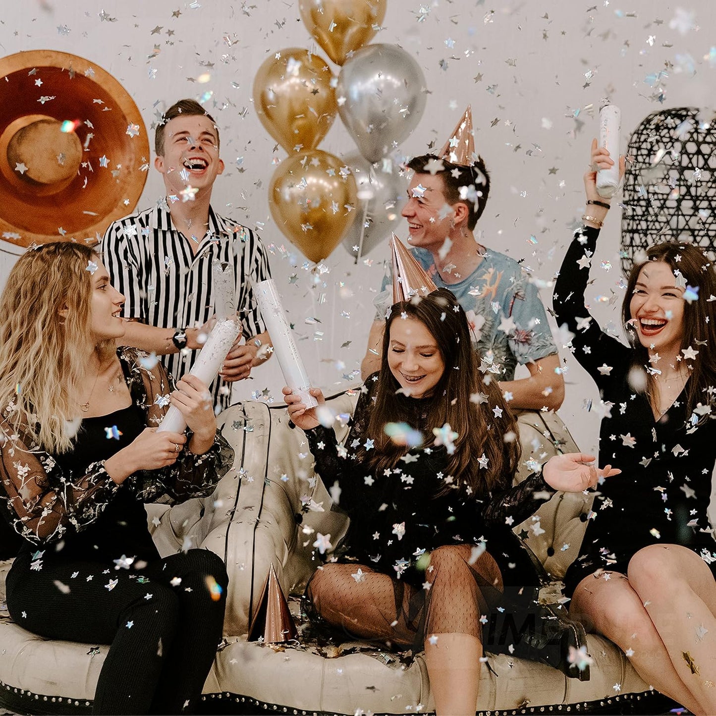 PrimePure Confetti Cannon Party Poppers - Holographic Silver Stars Confetti Popper - 2 Pack - Easy-to-Use Party Cannon - Silver Glitter Star Pop Gun for Graduation, Wedding, Birthday, Prank