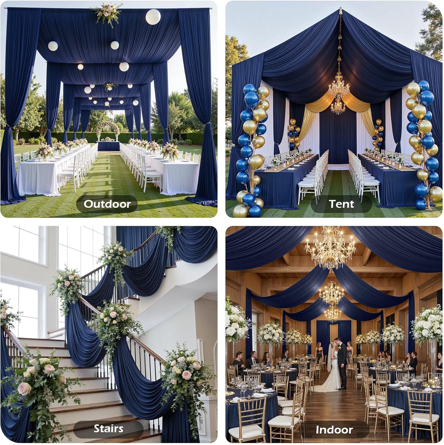 PartyVillage 10ftx40ft Navy Blue Ceiling Curtain for Wedding Parties – 2 Panels Wrinkle-Free 40 FT Long Tent Draping Curtains for Wedding, Birthday & Theme Parties, 40ft Height with Rod Pocket