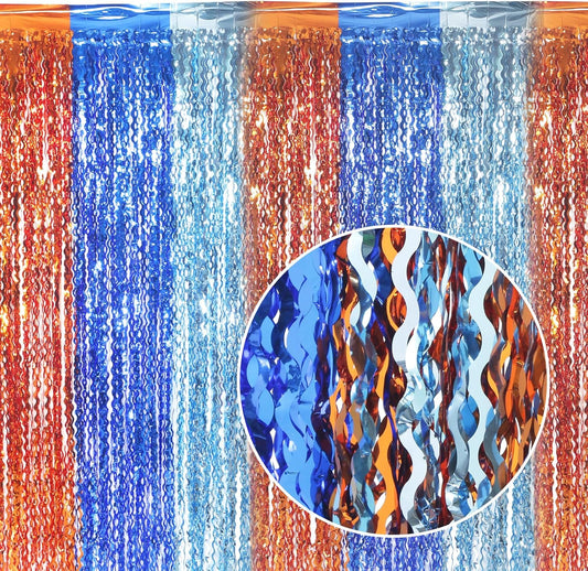 3 Pack Wavy Blue Dog Tinsel Backdrop Party Decorations - 3.3x6.6ft Orange and Dark Light Blue Metallic Foil Fringe Streamers for Birthday Party Supplies Photo Booth Prop Backdrop