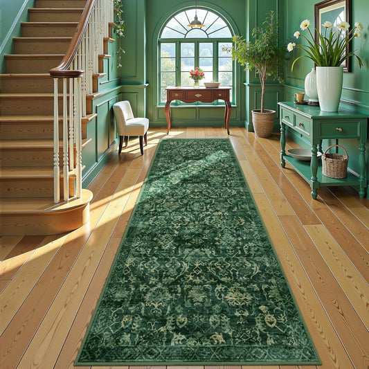 Dark Green 3x10 Runner Rug for Hallways Bed Side Kitchen, Boho Washable Distressed Low-Pile Floor Entryway Long Bathroom Mat, Non-Slip Laundry Room Washstand Front Carpet Green 36x84 Inch