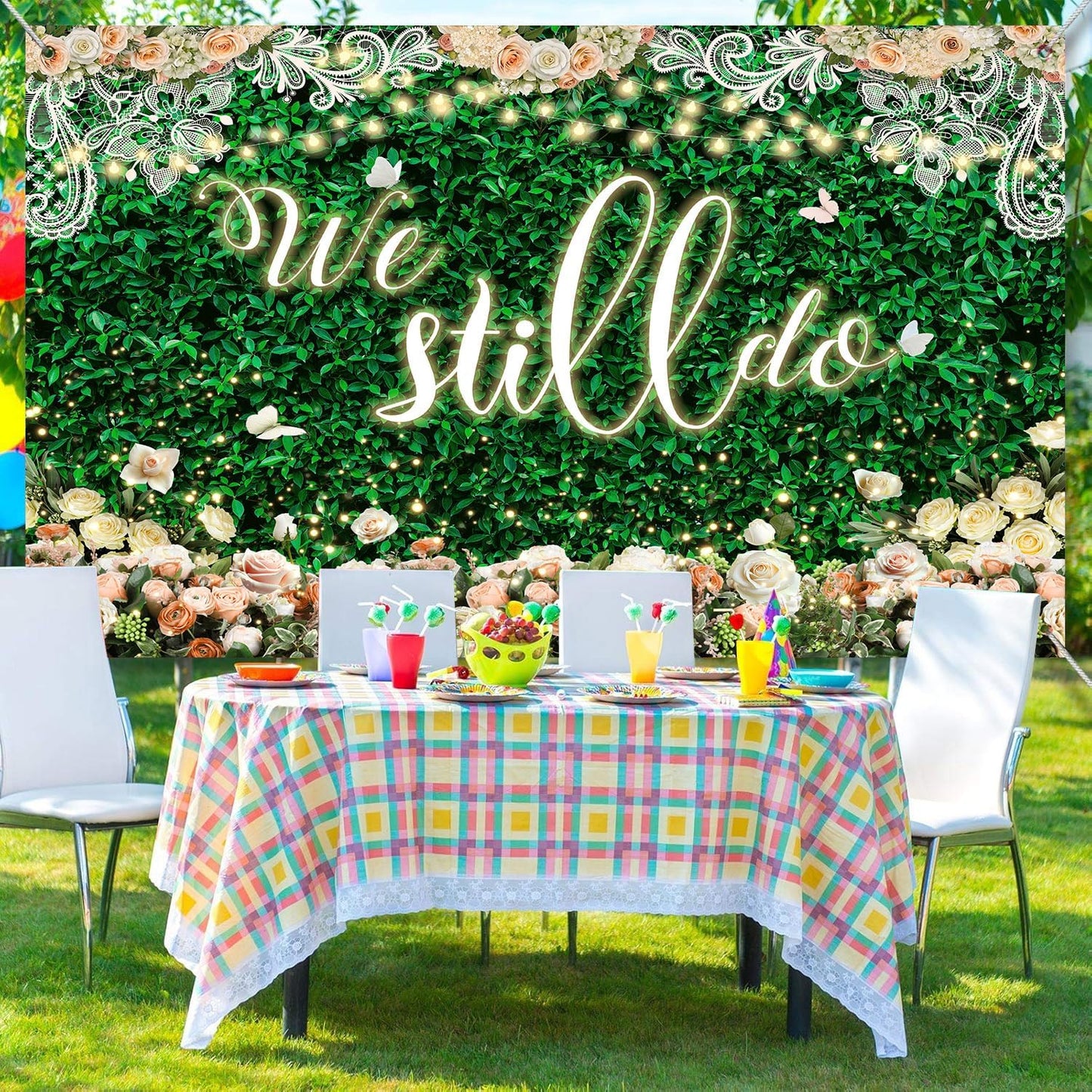 We Still Do Backdrop Green Leaves Lace Wedding Anniversary Photography Background Engagement Vow Renewal Bachelorette Party Decoration Banner Photo Booth Studio Props 10x7ft FU065YL