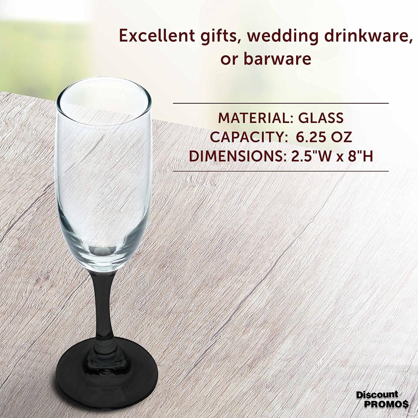 DISCOUNT PROMOS Premiere Champagne Flutes 6.25 oz. Set of 10, Bulk Pack - Elegant Drinkware for Weddings, Events, & Promotional Gifts - Black